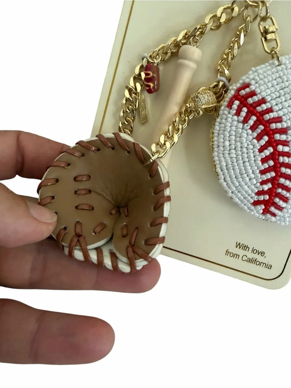 NEW - EYE CANDY Baseball Themed Bag Charm & Keychain w/leather, beads, gold-tone